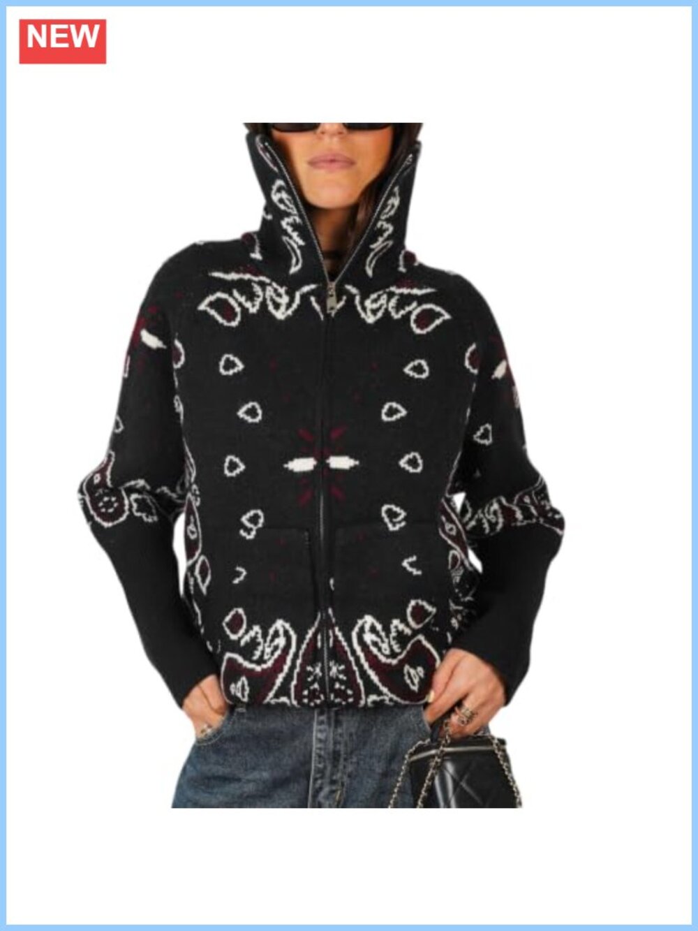 Women's Zip Up Knit Cardigan Stand Collar Abstract Pattern Fall Sweater